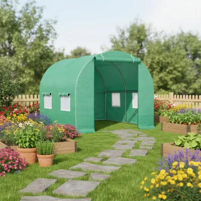 Serra da giardino 200×200×200 cm, telo verde in PE con rete 140 g/m² anti-UV, 1 porta, 4 finestre, tubo in acciaio zincato 19 mm THOR - immagine 6
