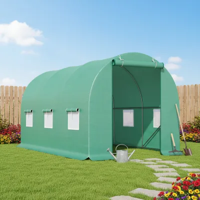 Serra da giardino 300×200×200 cm, telo verde in PE con rete 140 g/m² anti-UV, 1 porta, 6 finestre, tubo in acciaio zincato 19 mm THOR - immagine 4