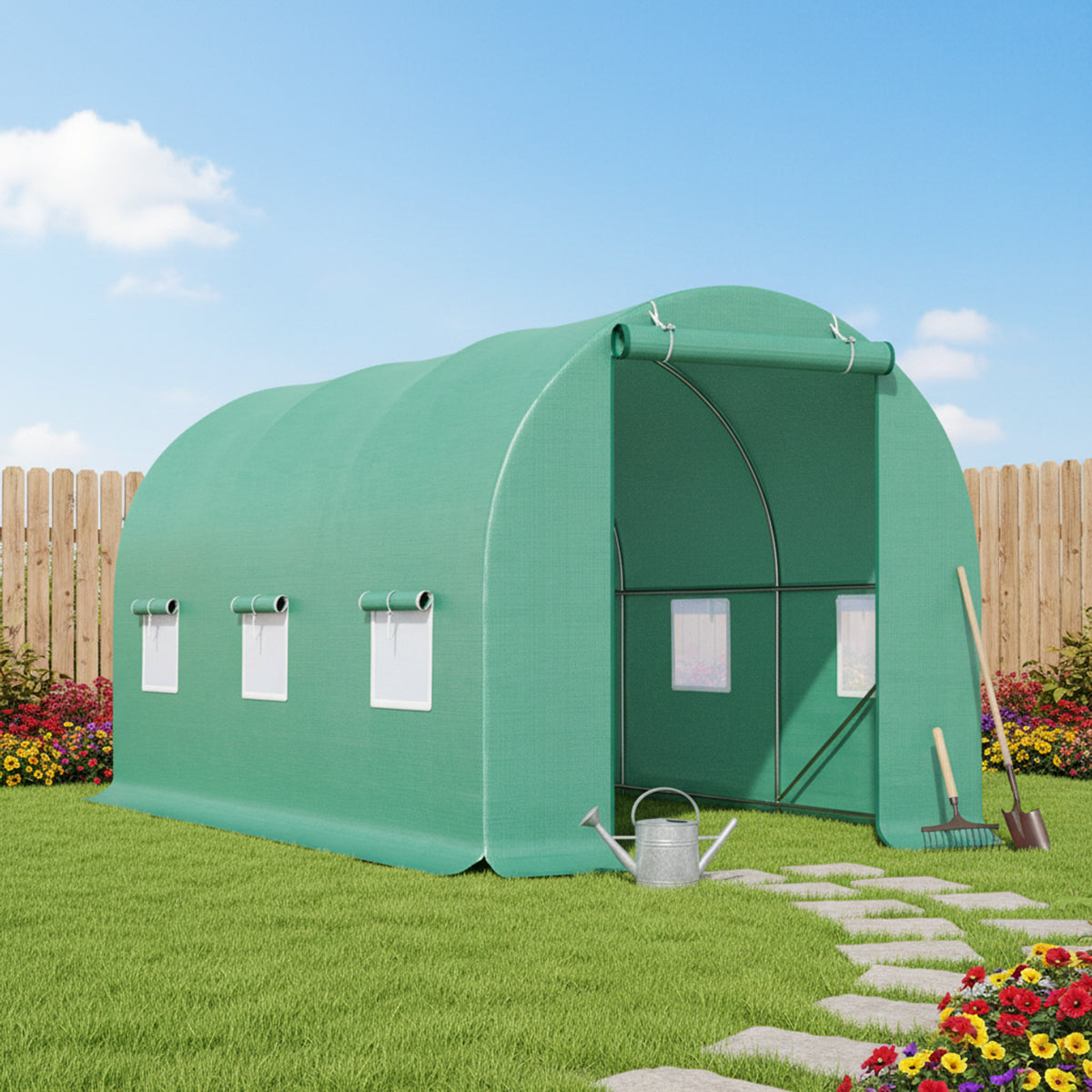 Serra da giardino 300×200×200 cm, telo verde in PE con rete 140 g/m² anti-UV, 1 porta, 6 finestre, tubo in acciaio zincato 19 mm THOR - immagine 4