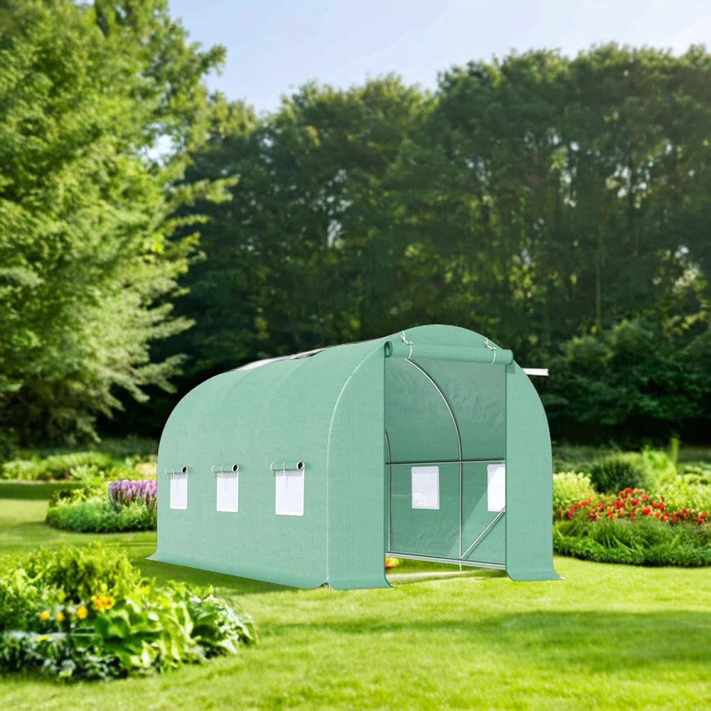 Serra da giardino 300×200×200 cm, telo verde in PE con rete 140 g/m² anti-UV, 1 porta, 6 finestre, tubo in acciaio zincato 19 mm THOR - immagine 5