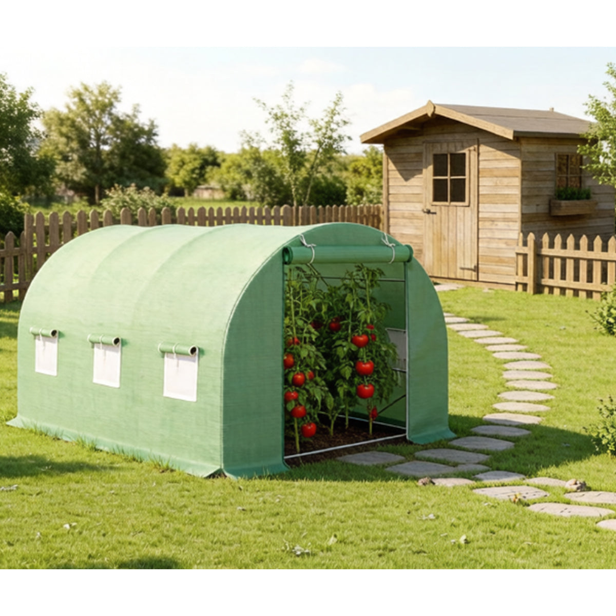 Serra da giardino 300×200×200 cm, telo verde in PE con rete 140 g/m² anti-UV, 1 porta, 6 finestre, tubo in acciaio zincato 19 mm THOR - immagine 3