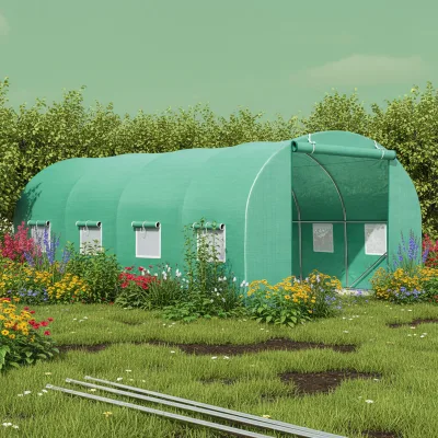 Serra da giardino 400×300×200 cm, telo verde in PE con rete 140 g/m² anti-UV, 1 porta, 8 finestre, tubo in acciaio zincato 19 mm THOR - immagine 5