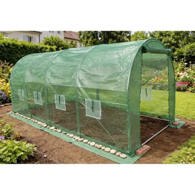 Serra da giardino 400×300×200 cm, telo verde in PE con rete 140 g/m² anti-UV, 1 porta, 8 finestre, tubo in acciaio zincato 19 mm THOR - immagine 3