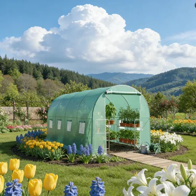 Serra da giardino 400×300×200 cm, telo verde in PE con rete 140 g/m² anti-UV, 1 porta, 8 finestre, tubo in acciaio zincato 19 mm THOR