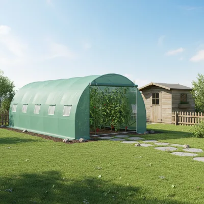 Serra da giardino 500×300×200 cm, telo verde in PE con rete 140 g/m² anti-UV, 1 porta, 10 finestre, tubo in acciaio zincato 19 mm THOR - immagine 6