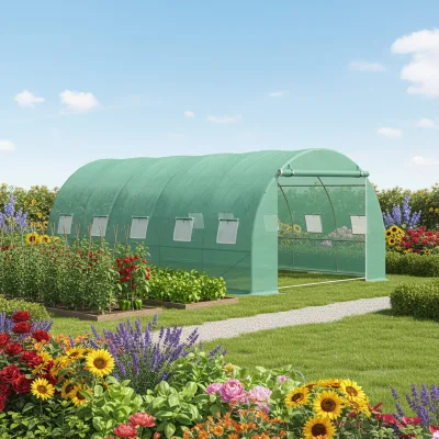 Serra da giardino 500×300×200 cm, telo verde in PE con rete 140 g/m² anti-UV, 1 porta, 10 finestre, tubo in acciaio zincato 19 mm THOR - immagine 5