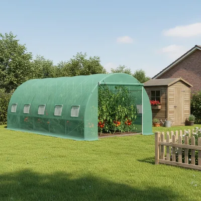 Serra da giardino 500×300×200 cm, telo verde in PE con rete 140 g/m² anti-UV, 1 porta, 10 finestre, tubo in acciaio zincato 19 mm THOR