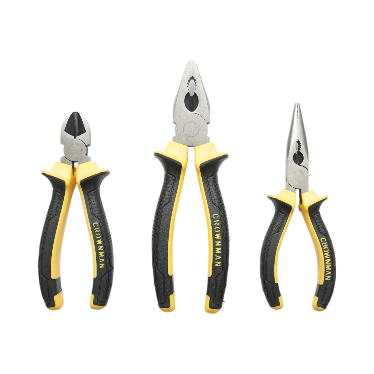 Set di 3 pinze combinate da 200 mm, 165 mm e 165 mm con punta affilata, marca Crownman Professional.