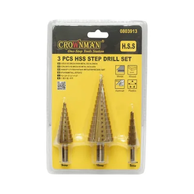Set di 3 punte coniche da trapano a 5 stadi 4-12 mm, 9 stadi 4-20 mm, 15 stadi 4-35 mm in acciaio HSS 4241 per metallo, alluminio, legno Crownman - immagine 4