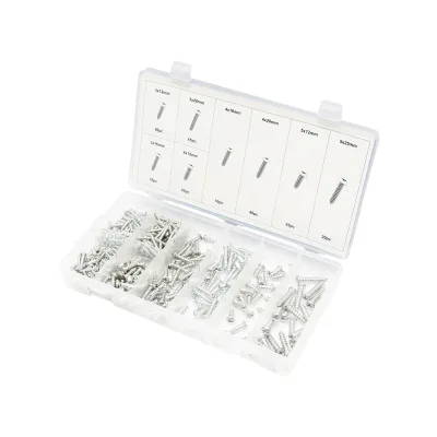 Set di 410 viti autofilettanti per lamiera con testa a croce.
