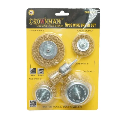 Set di 5 spazzole in filo metallico circolari 50-75 mm, a coppa 50-75 mm, a pennello 25 mm per trapano, Crownman. - immagine 4
