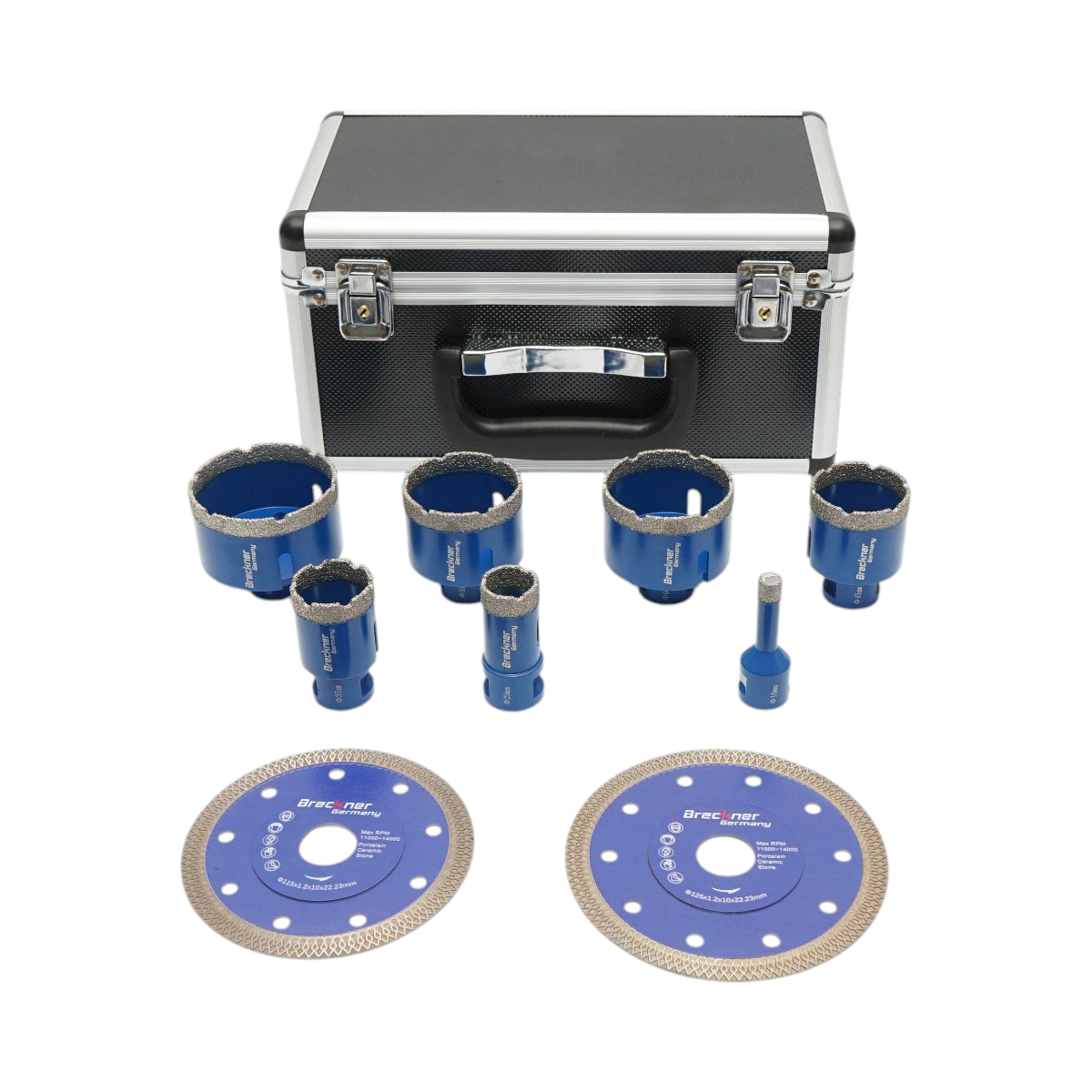 Set di 7 punte diamantate a corona da 10-68 mm, filettatura interna M14 + 2 dischi da 115 e 125 mm per piastrelle in ceramica, marmo e granito Breckner Germany