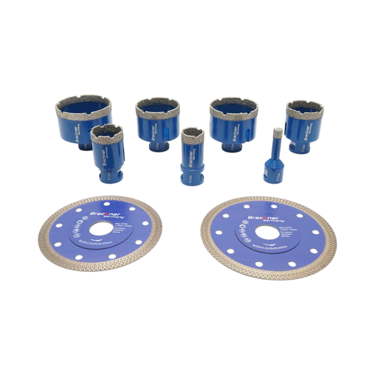 Set di 7 punte diamantate a corona da 10-68 mm, filettatura interna M14 + 2 dischi da 115 e 125 mm per piastrelle in ceramica, marmo e granito Breckner Germany - immagine 4