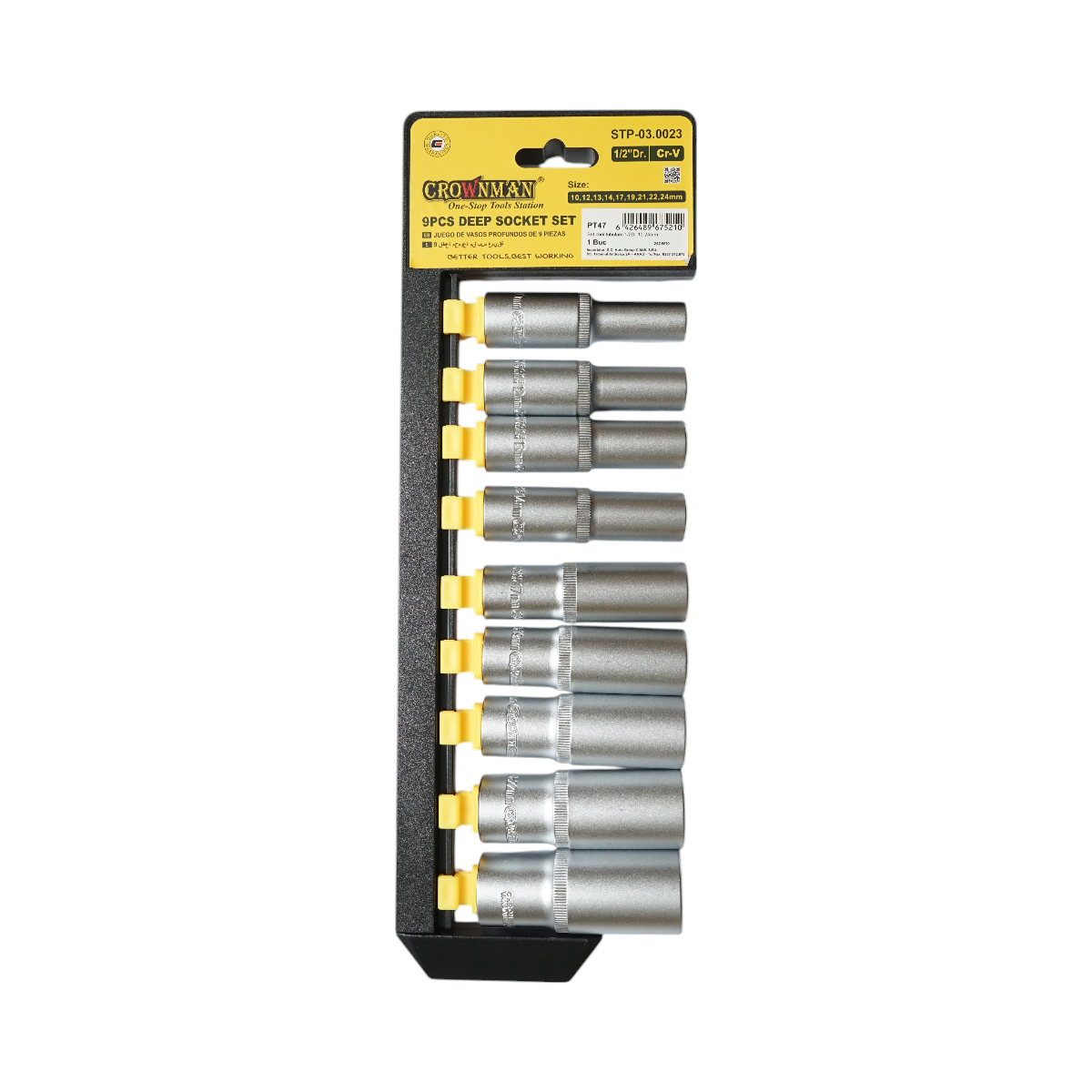 Set di 9 chiavi a bussola lunghe da 10 a 24 mm, attacco quadrato da 1/2 pollice, materiale Cr-V 50BV30 Crownman