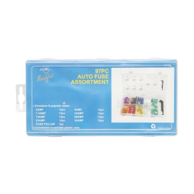 Set di 97 fusibili elettrici auto piatti medi e pinze per fusibili. - immagine 3