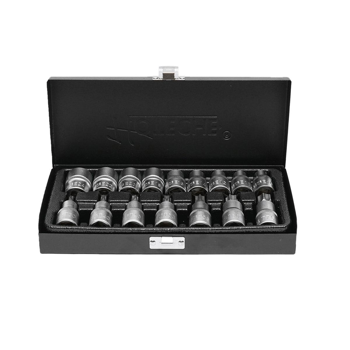 Set di chiavi a bussola Torx E10-E24/T30-T70, 16 pezzi, con profilo torx interno ed esterno per cricchetto da 1/2