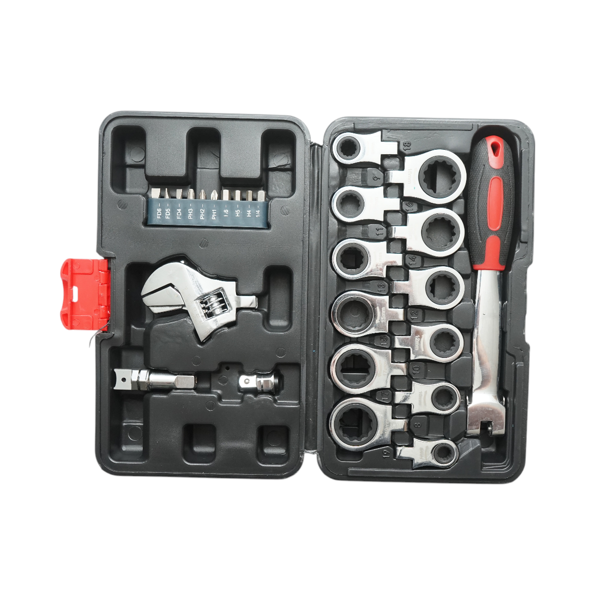 Set di chiavi a cricchetto ad anello 8-19 mm, chiave regolabile, esagonale, dritta, punte a croce 26 pezzi - immagine 2