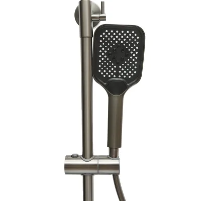 Set doccia multifunzionale con termostato, display digitale della temperatura dell’acqua, 4 funzioni di erogazione dell’acqua, bocca per vasca, soffione rettangolare, doccetta a mano, doccia bidet, colore grigio - immagine 5