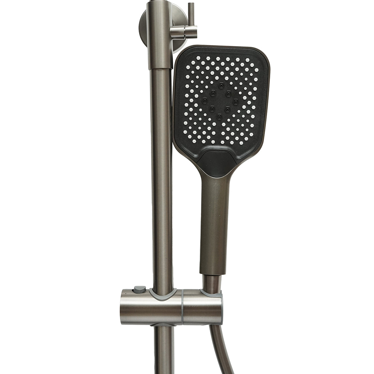 Set doccia multifunzionale con termostato, display digitale della temperatura dell’acqua, 4 funzioni di erogazione dell’acqua, bocca per vasca, soffione rettangolare, doccetta a mano, doccia bidet, colore grigio - immagine 5
