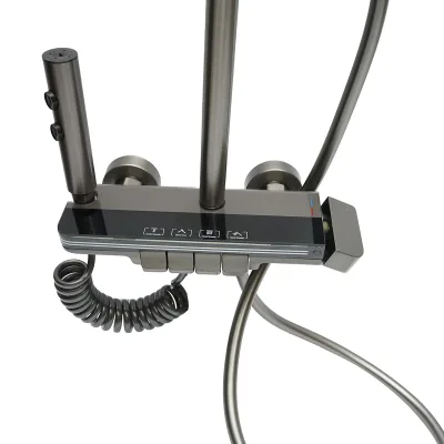 Set doccia multifunzionale con termostato, display digitale della temperatura dell’acqua, 4 funzioni di erogazione dell’acqua, bocca per vasca, soffione rettangolare, doccetta a mano, doccia bidet, colore grigio - immagine 4