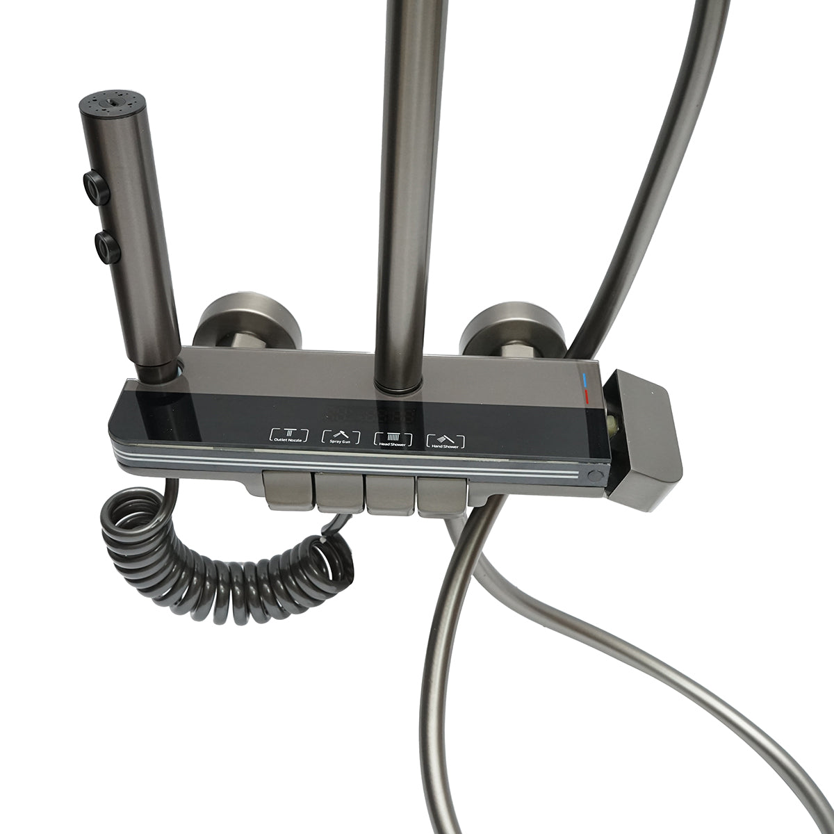 Set doccia multifunzionale con termostato, display digitale della temperatura dell’acqua, 4 funzioni di erogazione dell’acqua, bocca per vasca, soffione rettangolare, doccetta a mano, doccia bidet, colore grigio - immagine 4
