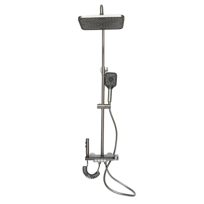 Set doccia multifunzionale con termostato, display digitale della temperatura dell’acqua, 4 funzioni di erogazione dell’acqua, bocca per vasca, soffione rettangolare, doccetta a mano, doccia bidet, colore grigio - immagine 3