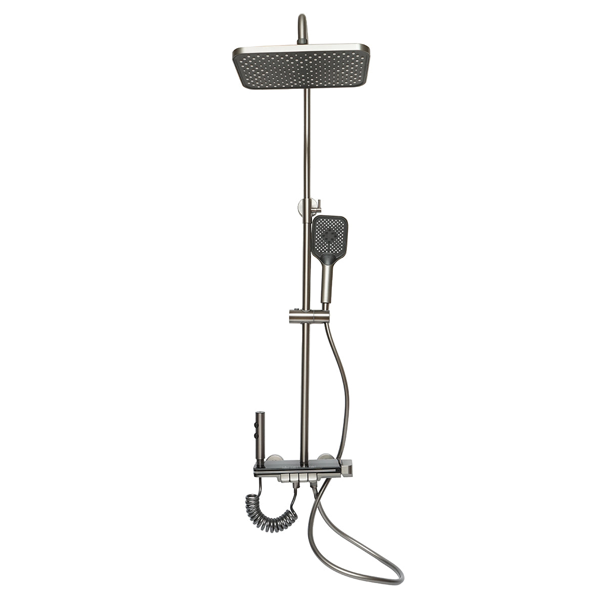 Set doccia multifunzionale con termostato, display digitale della temperatura dell’acqua, 4 funzioni di erogazione dell’acqua, bocca per vasca, soffione rettangolare, doccetta a mano, doccia bidet, colore grigio - immagine 3