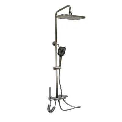 Set doccia multifunzionale con termostato, display digitale della temperatura dell’acqua, 4 funzioni di erogazione dell’acqua, bocca per vasca, soffione rettangolare, doccetta a mano, doccia bidet, colore grigio