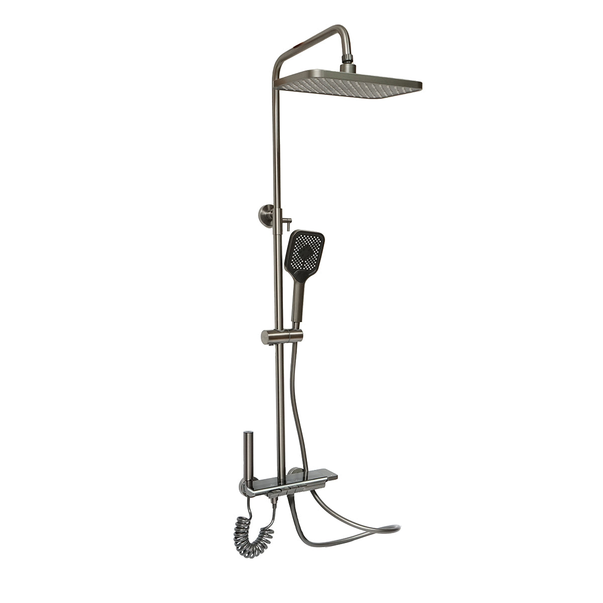 Set doccia multifunzionale con termostato, display digitale della temperatura dell’acqua, 4 funzioni di erogazione dell’acqua, bocca per vasca, soffione rettangolare, doccetta a mano, doccia bidet, colore grigio
