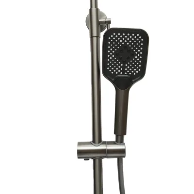 Set doccia multifunzionale con termostato, display digitale della temperatura dell’acqua, 4 funzioni di erogazione dell’acqua, bocca per vasca, soffione rettangolare, doccetta a mano, doccia bidet, colore grigio. - immagine 6