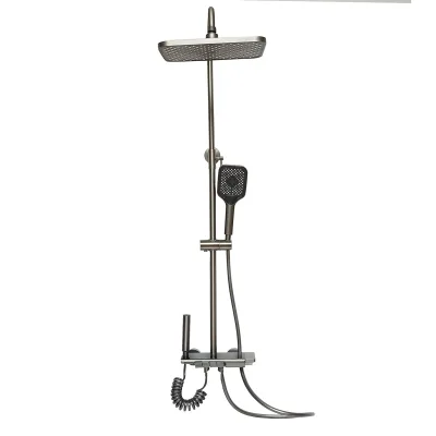 Set doccia multifunzionale con termostato, display digitale della temperatura dell’acqua, 4 funzioni di erogazione dell’acqua, bocca per vasca, soffione rettangolare, doccetta a mano, doccia bidet, colore grigio. - immagine 3