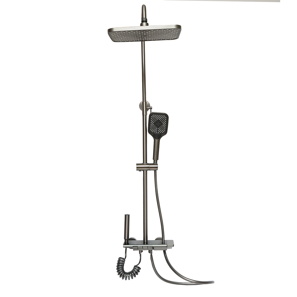 Set doccia multifunzionale con termostato, display digitale della temperatura dell’acqua, 4 funzioni di erogazione dell’acqua, bocca per vasca, soffione rettangolare, doccetta a mano, doccia bidet, colore grigio. - immagine 3
