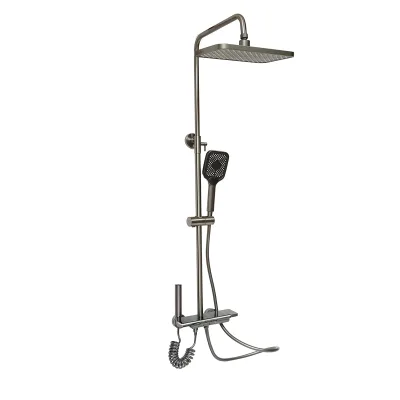 Set doccia multifunzionale con termostato, display digitale della temperatura dell’acqua, 4 funzioni di erogazione dell’acqua, bocca per vasca, soffione rettangolare, doccetta a mano, doccia bidet, colore grigio.