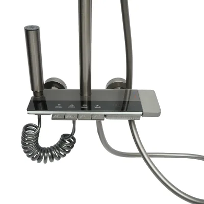 Set doccia multifunzionale con termostato, display digitale della temperatura dell’acqua, 4 funzioni di erogazione dell’acqua, bocca per vasca, soffione rettangolare, doccetta a mano, doccia bidet, colore grigio. - immagine 4