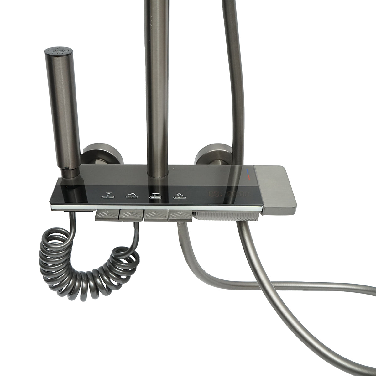 Set doccia multifunzionale con termostato, display digitale della temperatura dell’acqua, 4 funzioni di erogazione dell’acqua, bocca per vasca, soffione rettangolare, doccetta a mano, doccia bidet, colore grigio. - immagine 4