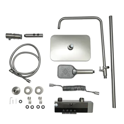 Set doccia multifunzionale con termostato, display digitale della temperatura dell’acqua, 4 funzioni di erogazione dell’acqua, bocca per vasca, soffione rettangolare, doccetta a mano, doccia bidet, colore grigio. - immagine 2