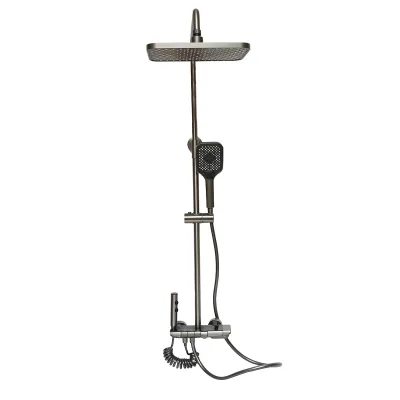 Set doccia multifunzionale con termostato, display digitale della temperatura dell’acqua, 4 funzioni di erogazione dell’acqua, bocca per vasca, soffione rettangolare, doccetta a mano, doccia bidet, colore grigio. - immagine 3