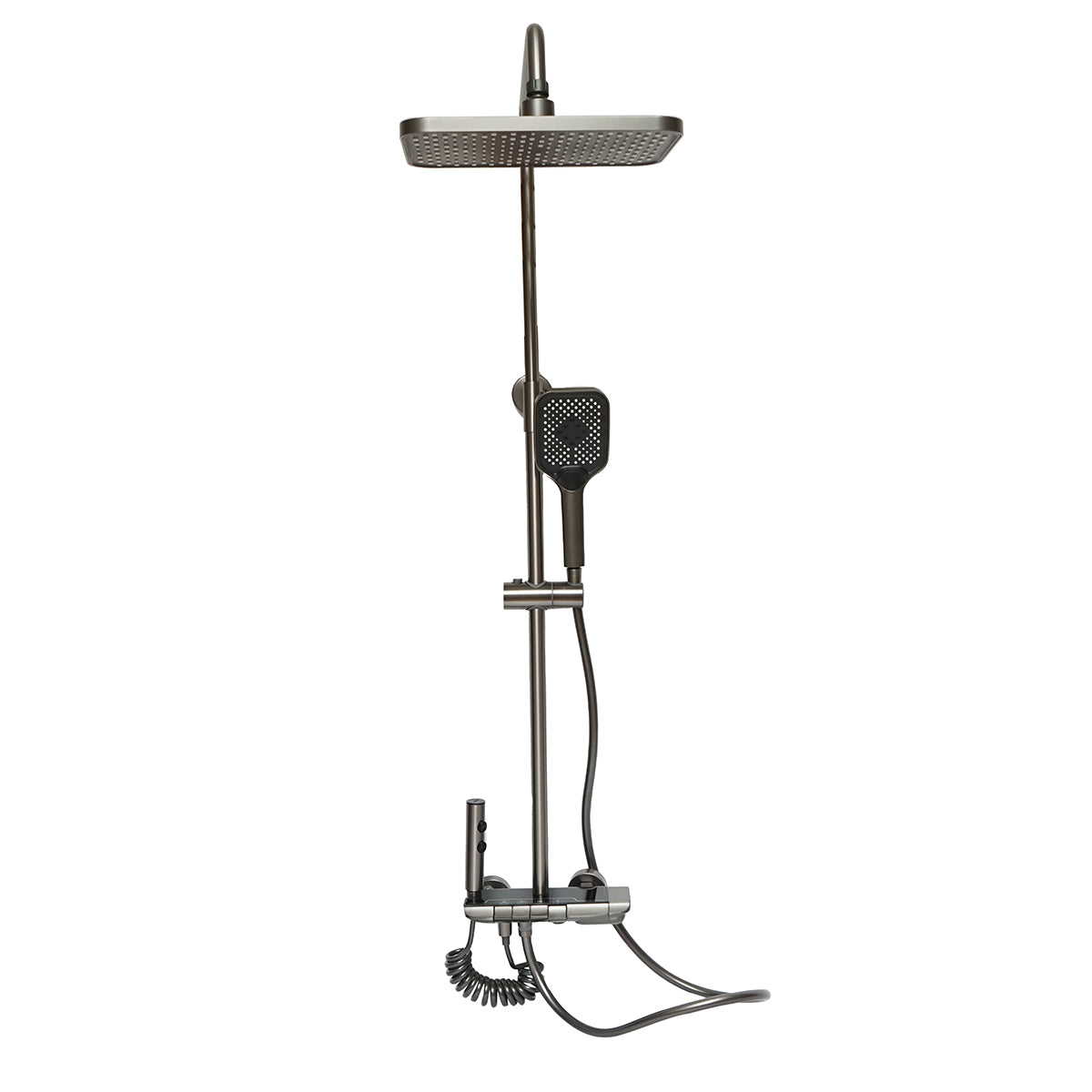 Set doccia multifunzionale con termostato, display digitale della temperatura dell’acqua, 4 funzioni di erogazione dell’acqua, bocca per vasca, soffione rettangolare, doccetta a mano, doccia bidet, colore grigio. - immagine 3