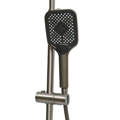 Set doccia multifunzionale con termostato, display digitale della temperatura dell’acqua, 4 funzioni di erogazione dell’acqua, bocca per vasca, soffione rettangolare, doccetta a mano, doccia bidet, colore grigio. - immagine 4