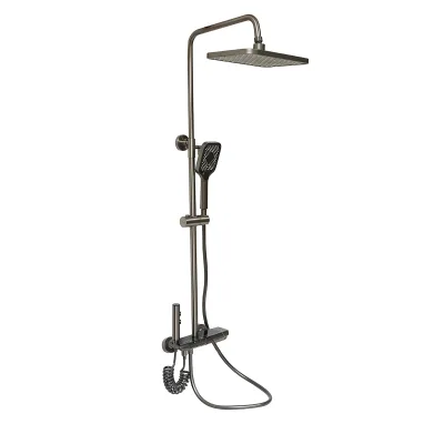 Set doccia multifunzionale con termostato, display digitale della temperatura dell’acqua, 4 funzioni di erogazione dell’acqua, bocca per vasca, soffione rettangolare, doccetta a mano, doccia bidet, colore grigio.