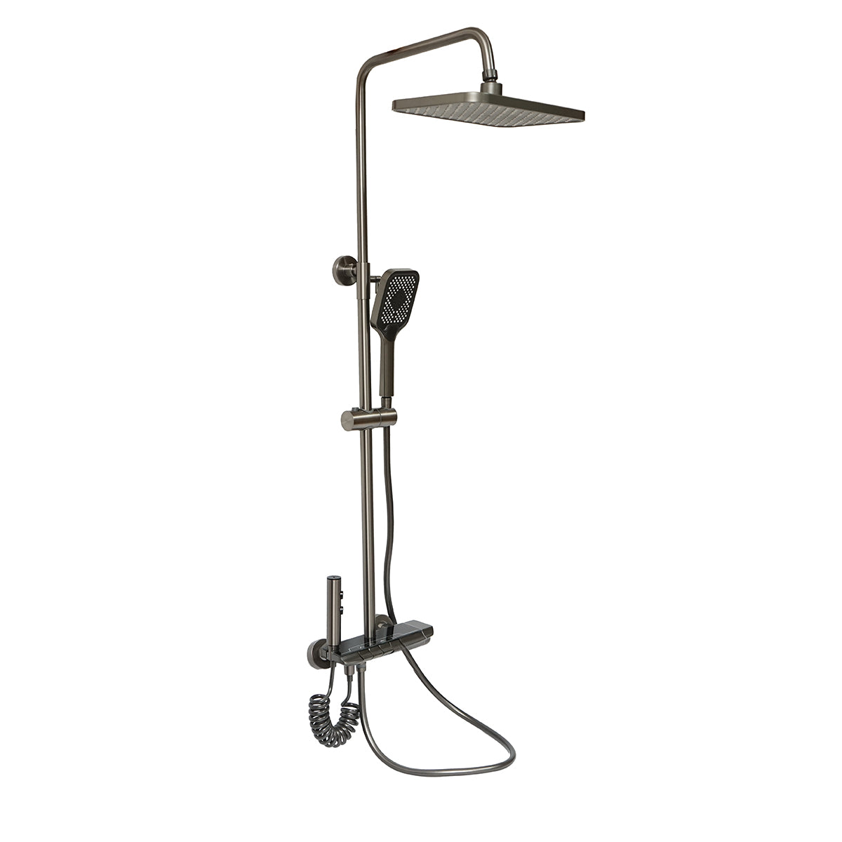 Set doccia multifunzionale con termostato, display digitale della temperatura dell’acqua, 4 funzioni di erogazione dell’acqua, bocca per vasca, soffione rettangolare, doccetta a mano, doccia bidet, colore grigio.