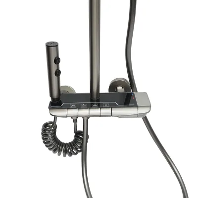 Set doccia multifunzionale con termostato, display digitale della temperatura dell’acqua, 4 funzioni di erogazione dell’acqua, bocca per vasca, soffione rettangolare, doccetta a mano, doccia bidet, colore grigio. - immagine 6
