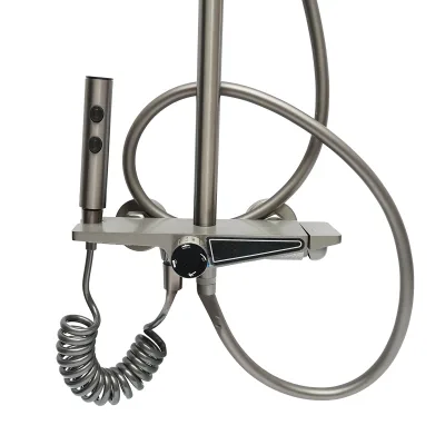 Set doccia multifunzionale con termostato, display digitale della temperatura dell’acqua, 4 funzioni di erogazione dell’acqua, bocca per vasca, soffione rettangolare, doccetta a mano, doccia bidet, colore grigio. - immagine 4