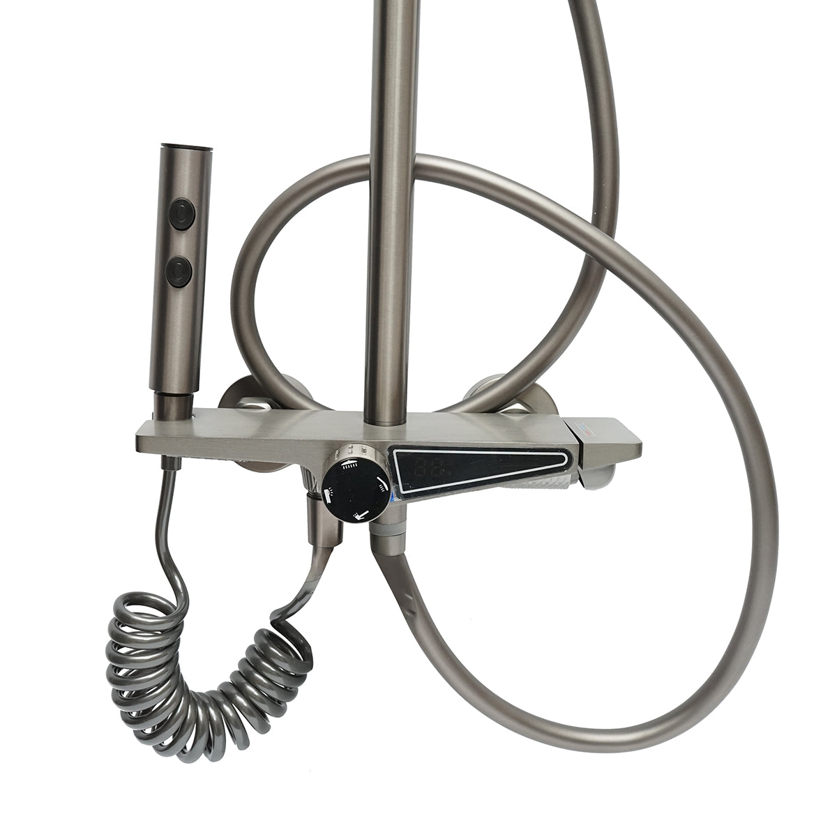 Set doccia multifunzionale con termostato, display digitale della temperatura dell’acqua, 4 funzioni di erogazione dell’acqua, bocca per vasca, soffione rettangolare, doccetta a mano, doccia bidet, colore grigio. - immagine 4