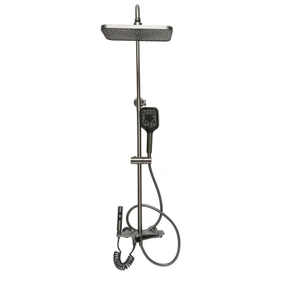 Set doccia multifunzionale con termostato, display digitale della temperatura dell’acqua, 4 funzioni di erogazione dell’acqua, bocca per vasca, soffione rettangolare, doccetta a mano, doccia bidet, colore grigio. - immagine 3
