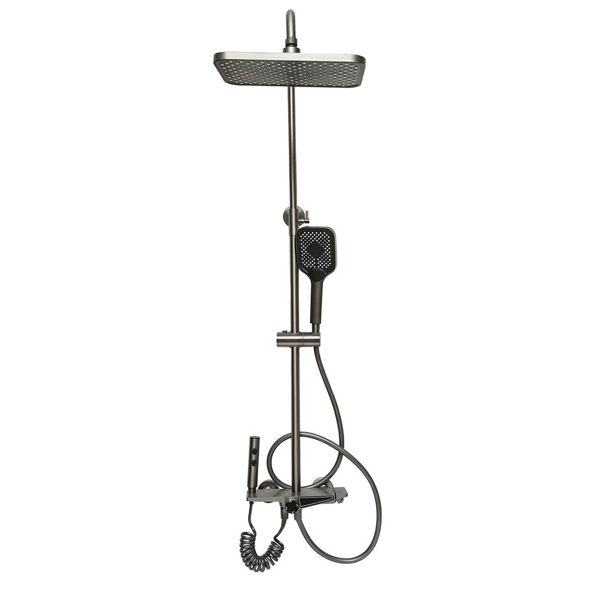 Set doccia multifunzionale con termostato, display digitale della temperatura dell’acqua, 4 funzioni di erogazione dell’acqua, bocca per vasca, soffione rettangolare, doccetta a mano, doccia bidet, colore grigio. - immagine 3