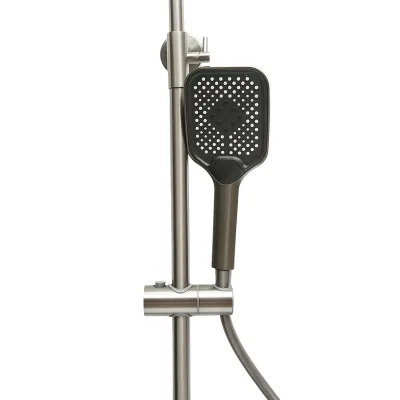 Set doccia multifunzionale con termostato, display digitale della temperatura dell’acqua, 4 funzioni di erogazione dell’acqua, bocca per vasca, soffione rettangolare, doccetta a mano, doccia bidet, colore grigio. - immagine 5