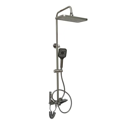 Set doccia multifunzionale con termostato, display digitale della temperatura dell’acqua, 4 funzioni di erogazione dell’acqua, bocca per vasca, soffione rettangolare, doccetta a mano, doccia bidet, colore grigio.