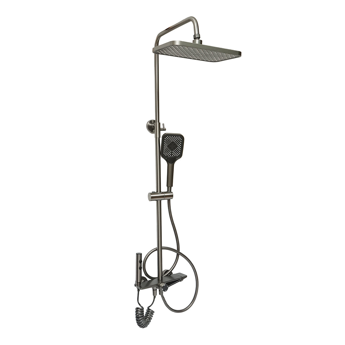 Set doccia multifunzionale con termostato, display digitale della temperatura dell’acqua, 4 funzioni di erogazione dell’acqua, bocca per vasca, soffione rettangolare, doccetta a mano, doccia bidet, colore grigio.