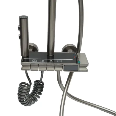 Set doccia multifunzionale con termostato, display digitale della temperatura dell’acqua, 4 funzioni di erogazione dell’acqua, bocca vasca, soffione doccia rettangolare, doccetta, doccia bidet, colore grigio. - immagine 4